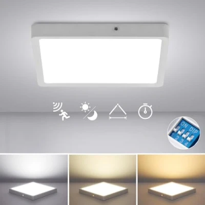 Immagine di Combuh LED Plafoniera con Sensore di Movimento, Lampada da Soffitto 18W 1800LM Impostazioni dell&#039;ora, 3000K/4000K/6000K Ø22,5CM Moderna Quadrata per Corridoio Garage Scala