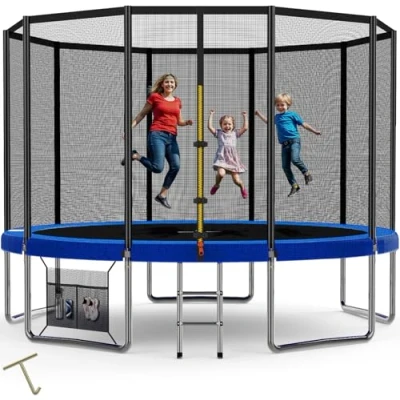 Immagine di Devoko Trampolino Elastico per Adulti e Bambini, Tappeto da Giardino Ø 183/228/305/366/427 cm Set Completo con Rete di Sicurezza, Scaletta, Copertura, Scarpe,150 kg(Nero)