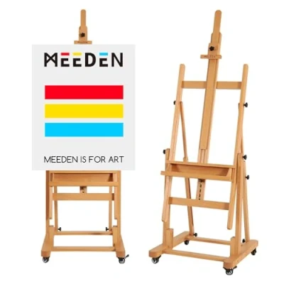 Immagine di MEEDEN extra large atelier resistente in legno di faggio con cavalletto regolabile h frame da studio inclinabile ruote, contiene tela fino a 208,3 cm