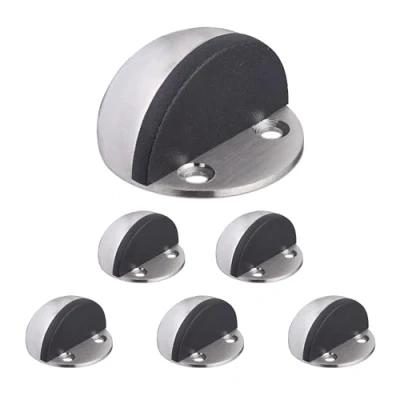 Immagine di Relaxdays Fermaporta a Pavimento, Set da 6, Blocca Porta Terra, Paracolpi Fissaggio Adesivo o con Viti, Argento Nero, Acciaio Inox, 2,5 x 4,5 cm