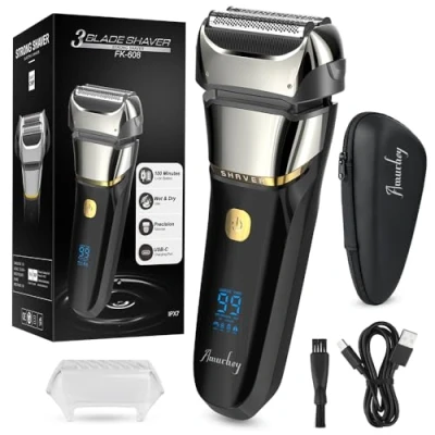 Immagine di Rasoio Elettrico Wet &amp; Dry con Testa e Lame Flessibili, Barba Uomo Custodia da Viaggio Ricaricabile Impermeabile Display LED, Idea Regalo