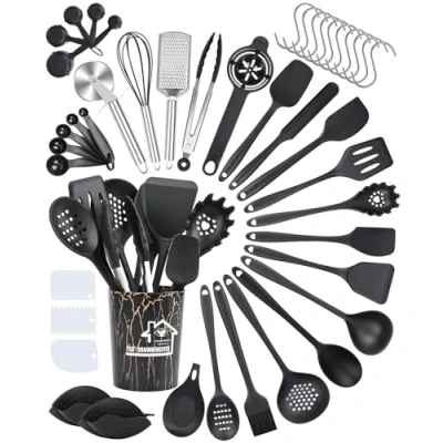 Immagine di Czemo Utensili Cucina Silicone 44 Pezzi Set Mestoli Resistente al Calore Antiaderenti da con Secchio Portaoggetti, Lavabile In Lavastoviglie