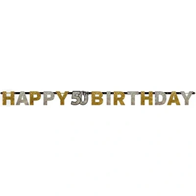 Immagine di amscan Stelle Striscione per 50 Compleanno con Scritta Happy Glitterato, 2,14 m x 17 cm, 1 Pezzo, Oro, Argento, 50th Birthday, 120206