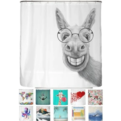 Immagine di arteneur® Tenda da doccia antimuffa, 200 x 220 cm, materiale riciclato Öko Tex Standard 100, orlo zavorrato, non trasparente, impermeabile, lavabile, con 12 anelli ed e book, motivo: asino