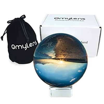 Immagine di Omylens sfera di cristallo K9 da 60 mm, con supporto e sacchetto seta, per la cura della palla magica, cattura del sole, set 6 cm trasparente