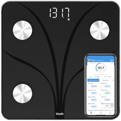 Immagine di Vitafit Bilancia Pesapersone Impedenziometrica, Pesatura Professionale in Fabbrica dal 2001, App Sync 13 Composizione Corporea Incluso BMI, Grasso Corporeo e Cuscoli, 180kg Nero
