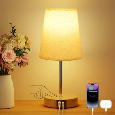 Immagine di Suright Lampada da Comodino con Controllo Touch e 3 Livelli di Luminosità, Abat Jour Porte Ricarica USB A+C, Tavolo per Camera Letto Soggiorno (Lampadina Inclusa)