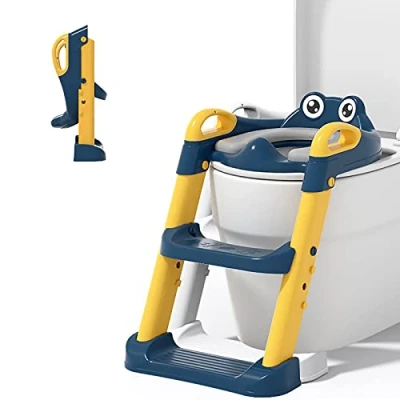 Immagine di Balakaka Riduttore WC per Bambini con Scaletta,Pieghevole Baby Training Vasino Sedile,Antiscivolo,Regolabile in Altezza,Robusto Sedile Toilette Morbido Cuscino 1 7 Anni(Blu)
