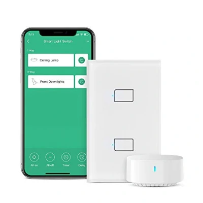 Immagine di BroadLink Smart Touch Wall Switch, interruttore a filo singolo da 2 gang, nessun neutro o condensatore richiesto, funziona con Alexa e Google Home, hub S3 richiesto(Con Hub)
