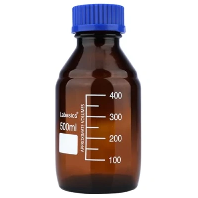Immagine di Labasics Bottiglie di Stoccaggio per Reagenti, 1 Confezione Tonde Graduate in Vetro Ambrato con Tappo a Vite Blu Reagenti da Laboratorio, 500 ml