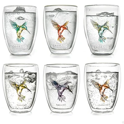 Immagine di Creano Bicchieri hummi a Doppia Parete, Latte Macchiato, Bicchiere Thermos con Colibrì, 250 ml, nei Colori Blu, Rosso, Verde, Arancione, Viola, Giallo Set da 6 in Pezzi (Confezione 1)