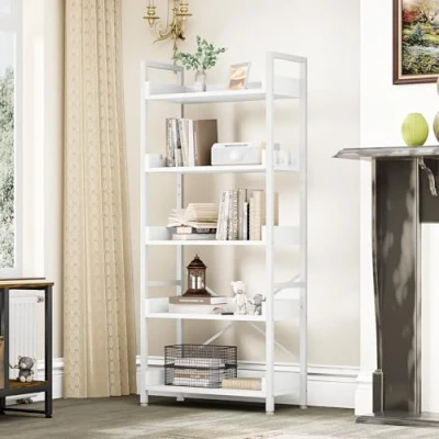 Immagine di YITAHOME Libreria a 5 Ripiani, Scaffale da Terra, in Legno e Scaffali con Struttura Acciaio Stabile 4 Ganci Industriale per Soggiorno, Casa Ufficio, Bianco Puro