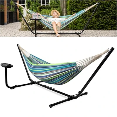 Immagine di VITA5 Amaca da Giardino con Telaio per Ore di Rilassamento Due Persone Perfetta Riposarsi Insieme in Metallo Resistente e Duraturo Porta Bicchiere Sospesa Portatile