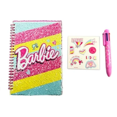 Immagine di ODS Barbie My Notebook, Quaderno con Paillettes Reversibili, Pagine Righe, Bianche e Disegni da Colorare, Inclusa Penna Multicolor 1 Foglio di Stickers Barbie, 15x21 cm