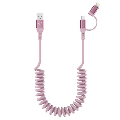 Immagine di Cavo Lightning USB C 2in1 Spirale per iPhone 15[MFi e 3A Dati] a compatibile iOS Carplay Android Auto, di ricarica Phone corto iPhone/Android/Huawei/Galaxy Rosa