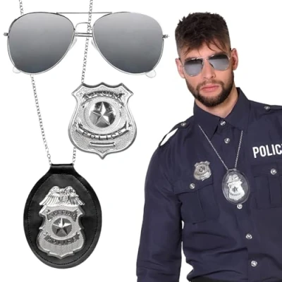 Immagine di Boland 01417 Set di 3 occhiali da polizia, per feste, collana e distintivo, argento nero, unisex, polizia speciale, commissario, costume, carnevale, festa a tema