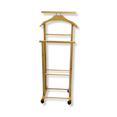 Immagine di Indossatore Doppio con Appendi Pantalone, Appendiabiti Da Camera, 100% Legno Faggio, Servo Muto 4 Ruote, Color Naturale, Made in Italy