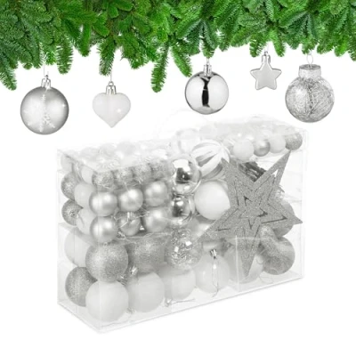 Immagine di Relaxdays Palline di Natale, Set 101 Addobbi Natalizi in Plastica, Decorazioni per Albero Vari Design, Puntale, Argento