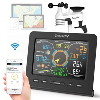 Immagine di Raddy WF 100C Lite 13 IN 1 Stazione meteo wireless interna/esterna, con temperatura, pressione barometrica, umidità, anemometro, pluviometro, previsioni meteo, per casa, giardino