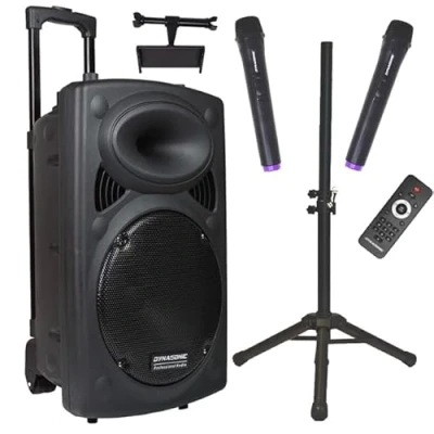Immagine di DYNASONIC DYNAPRO 15 Plus (pacK treppiede 3ª generazione) altoparlante Bluetooth portatile professionale, potente da 800 W, 2 microfoni karaoke, supporto per tablet e