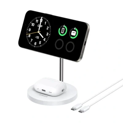 Immagine di Anker Caricabatterie wireless, supporto di ricarica regolabile 2 in 1 con cavo USB C da 1,5m, doppio LED, ultraveloce 15W Max, MagSafe per iPhone serie 15/14 e AirPods (senza adattatore AC)