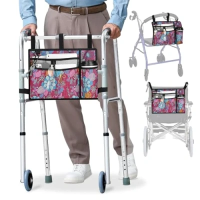 Immagine di supregear Borsa per Sedia a Rotelle con Portabicchieri, Girello Resistente All&#039;acqua Cestino Accessori Camminatore Pieghevole Sedie Rotelle, Deambulatori, Scooter, Floreale Viola