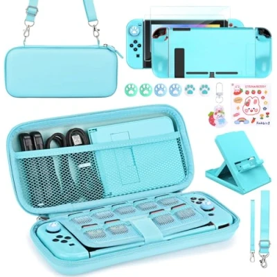 Immagine di Younik Pacchetto Accessori Switch, kit 17 in 1 per Ragazze Include Custodia Supporto Regolabile, Protettiva Console Switch e J Con(Blu)
