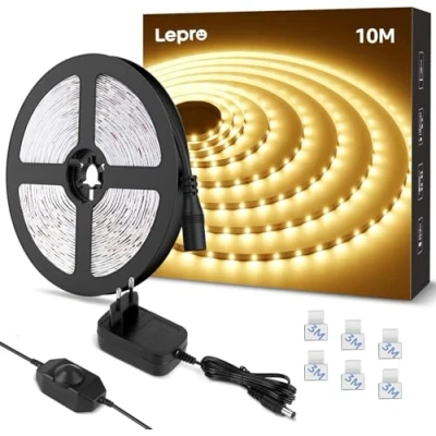 Immagine di Lepro Striscia LED 10M 600LED SMD2835 Bianco Caldo 3000K Dimmerabile, 24V 1800 Lumen Nastri per Decorazioni Interne/Feste/Natale, Strisce Kit Completo Alimentatore e Interruttore Dimmer