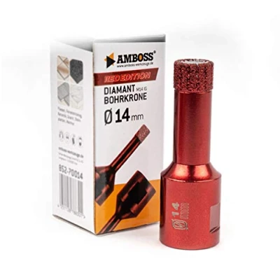 Immagine di Amboss RED Edition M14 Corona diamantata per smerigliatrice angolare in gres porcellanato, piastrelle dure, granito/corona di perforazione a secco ideale (Ø 14 mm)