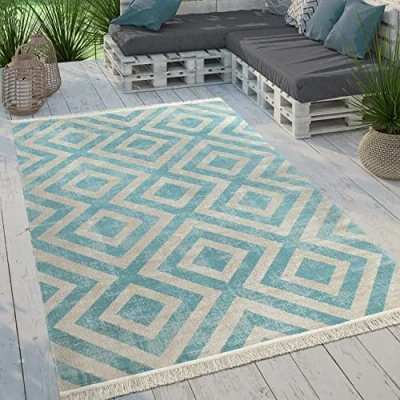 Immagine di Paco Home Tappeto per Esterno Terrazzo Balcone Cucina Moderno Rombi Design con Frange, Dimensione:160x220 cm, Colore:Grigio Bianco