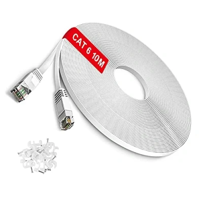 Immagine di TBMax Cavo Ethernet 10m Cat 6, Flat ad alta velocità con RJ45 connettore, Gigabit Lan di rete per Modem/PC, Router, Blanco