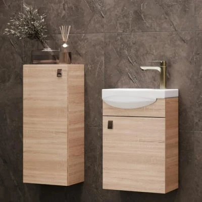 Immagine di Planetmöbel Mobile da bagno Midi Cabinet 32 cm stretto con lavabo bagno, Rovere Sonoma