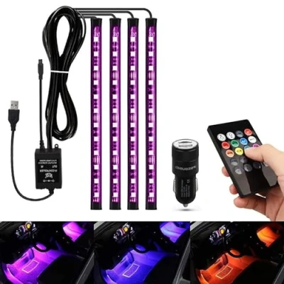 Immagine di Illuminazione interna A LED per auto, AIGUOZER Striscia 48LED Multicolor Design due righe Impermeabile Multicolore Controllabile [Classe energetica +++]