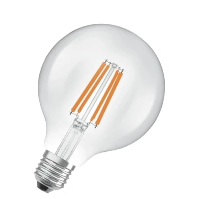Immagine di OSRAM nella classica forma Edison, con filamento LED decorativo, classe di efficienza energetica A, E27, 5 W, 1055 lm, 4000 K, bianco freddo. luce immediata al 100%. Sfarfallio basso.