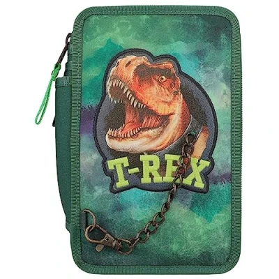 Immagine di Depesche 12506 Dino World Astuccio a 3 Scomparti con Disegno di Dinosauro e Catena, portamine matite Colorate, Righello, Forbici, ECC, Colore Verde