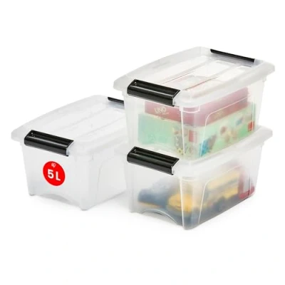 Immagine di Iris Ohyama Scatole Portaoggetti in con Coperchio, 5L, Lotto di 3, Trasparente, Clip Bloccaggio, Empilabile, Maniglia, Per Camera, Armadio, Ufficio, Organizzatore, Senza BPA, NTB 5