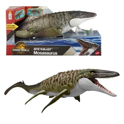 Immagine di Mattel Jurassic World La Rinascita Mosasauro Morso Letale, action figure e mini dilofosauro, dinosauro con enormi fauci, snodato fedele al film, gioco digitale, JJP80