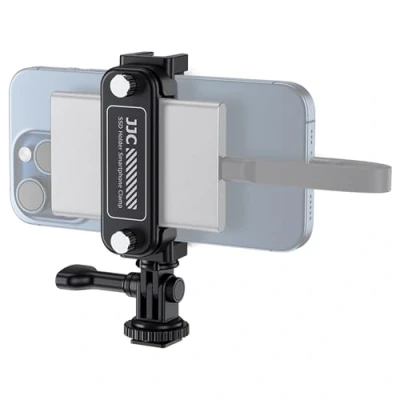Immagine di JJC Supporto portatile SSD morsetto smartphone per iPhone 16 15 Pro &amp; Max Galaxy PIXEL MATE 55 90 mm di larghezza, compatibile con Samsung T5, T7, T7 Shield SSD, San Disk E30, Extreme Pro/V2