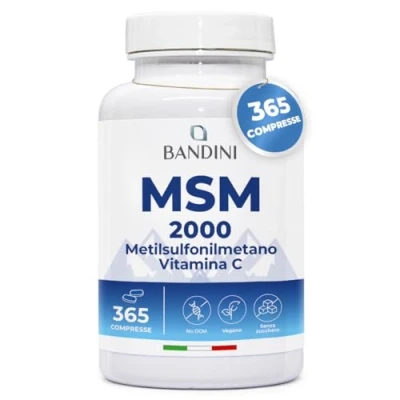 Immagine di Bandini® MSM 2000 mg di Metilsulfonilmetano in 365 COMPRESSE + Vitamina C Integratore per Capelli, Ossa, Pelle, Articolazioni e Unghie Antinfiammatorio Muscolare a base Zolfo 100% Vegan