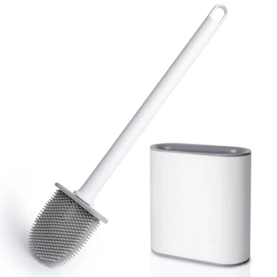 Immagine di AiQInu Scopino wc, bagno wc in silicone per la pulizia profonda con manico lungo plastica, Scopettino a muro base le fessure di ventilazione il