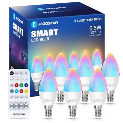 Immagine di Aigostar Mesh Lampadine Alexa Bluetooth 6.5W C37, Lampadina Smart Works with Alexa, E14 Candela LED 555LM RGB &amp; 2700K 6500K, 6 Unità (Con Telecomando Bluetooth)