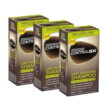 Immagine di PROMOO Just For Men Control GX Grey Reducing Shampoo per capelli grigi, con olio di cocco e aloe vera, nuova formula migliorata, tutte le tonalità, 118 ml, confezione da 3
