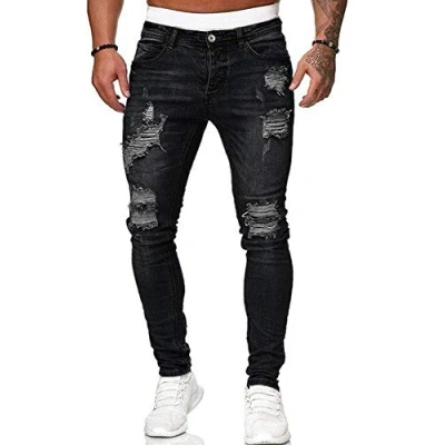 Immagine di Jeans skinny strappati elasticizzati da uomo, super comodi pantaloni in denim invecchiato con fori distrutti, Nero , L