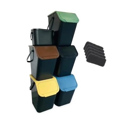Immagine di Go Practic Set di 6 pattumiere da cucina, 5 25 l con coperchio, 1 piccolo contenitore per l’umido, impilabili, funzione coperchio a scatto