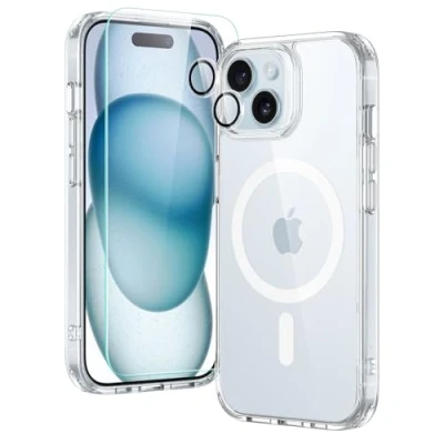 Immagine di ESR Set di Cover MagSafe per iPhone 15 Plus, 1 Protezione lo schermo in vetro temperato, protezioni le lenti, Anti ingiallimento e antigraffio,Trasparente
