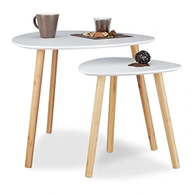 Immagine di Relaxdays Set 2 Tavolini Sovrapponibili da Salotto, HLP: 48 x 60 cm, Design Nordico, Sgabello per Fiori, Bianco