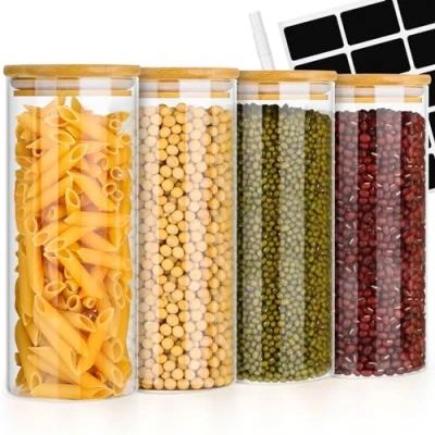 Immagine di Avmvnvc Barattoli Vetro con Coperchio Set di 4 Cucina Contenitore in Bambù Contenitori per Pasta, Cereali, Fagioli, Tè, Noci (900mlx4)