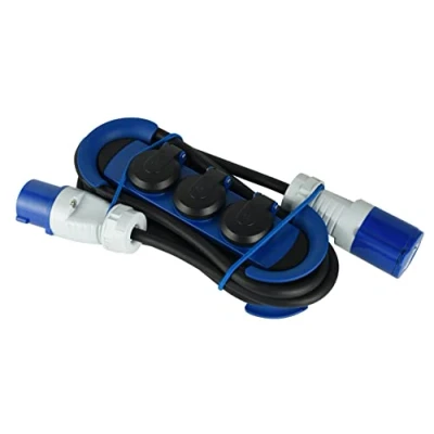 Immagine di Electraline 62574 Multipresa Outdoor con Spina CEE, 1 Presa CEE + 3 Prese Schuko tappo IP44, appendibile 2 Ganci Elastici Fermacavo, Cavo in gomma 3M, H07RN F 3G2.5, Campeggio, Caravan, Blu