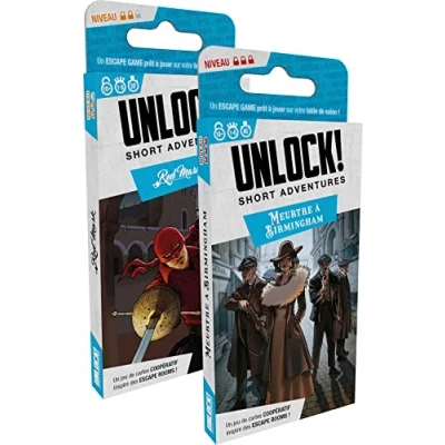 Immagine di Asmodee Space Cowboys Unlock! Adventure Shorts: Res Mask + Omicidio a Birmingham Giochi di società in carte Escape Game Adulti e bambini dai 10 anni Versione francese