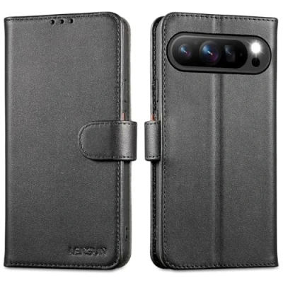 Immagine di Lensun Cover per Google Pixel 9 Pro XL, Custodia in Vera Pelle [RFID Blocking] Libro con Portafoglio Chiusura Magnetico Flip Custodie Cuoio Telefono XL Nero